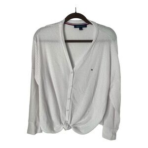Tommy Hilfiger Women’s White Knit Textured Button-Up Top Tie Waist Sz L